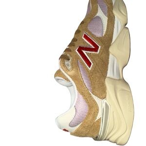 New Balance Women’s Tan Suede & Lavender Mesh Sneaker with Red Accent Kids5 W6.5
